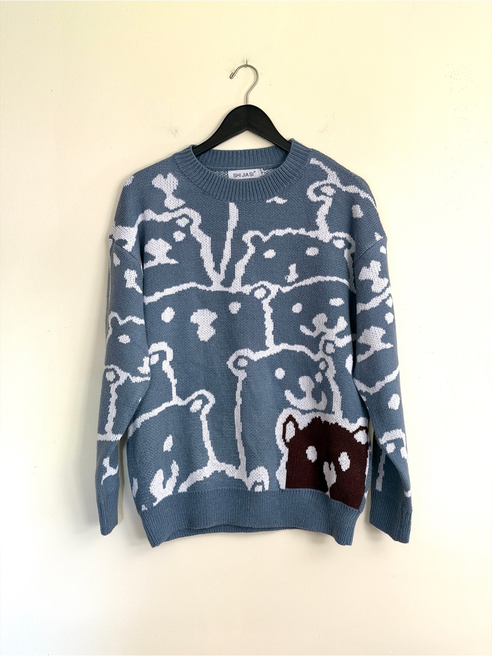 NWOT Shi Jiasi Bear Pattern Jacquard Knit Oversized Sweater Blue, L